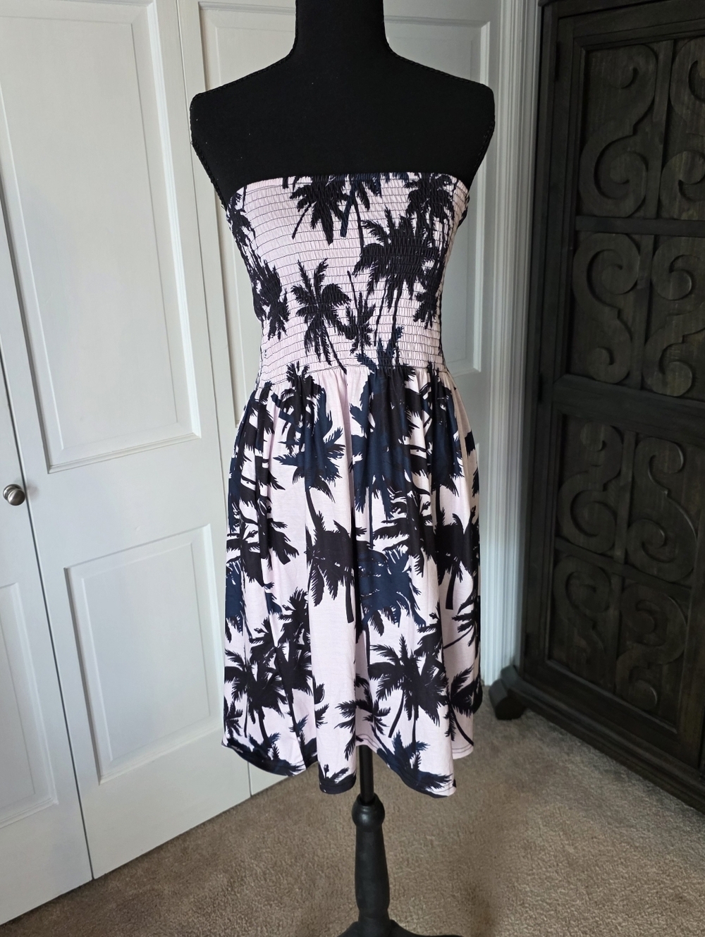 Smocked Strapless Palm-Print Midi Skirt  Light Pink Black Beach Vacation Summer
